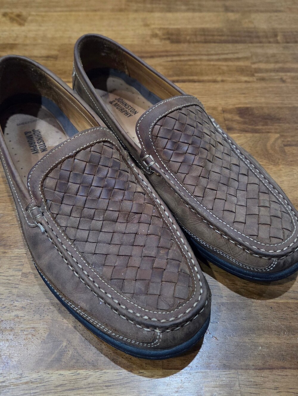 Johnston & Murphy Men's Woven Taupe-Brown Sheepskin Leather Slip-Ons